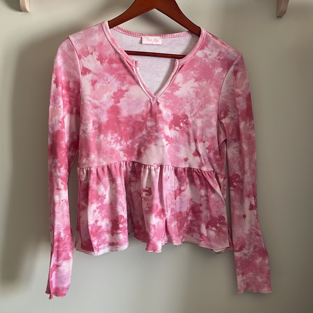 pink lily boutique tie dye pink peplum waffle knit top